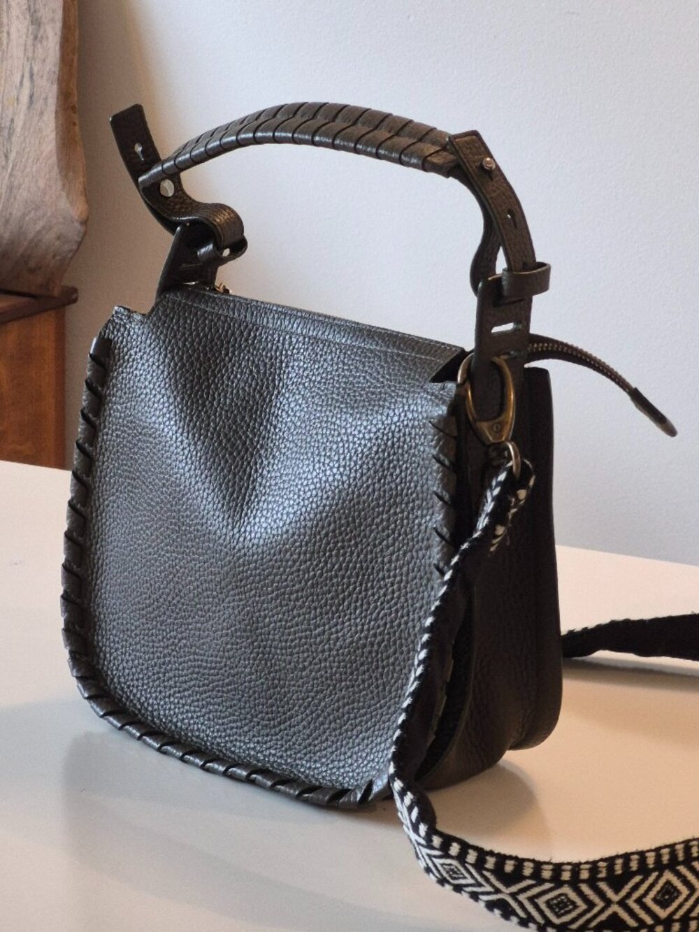 AllSaints Dark Green Pebbled Leather Crossbody Bag Whipstitch Top Handle 7x9